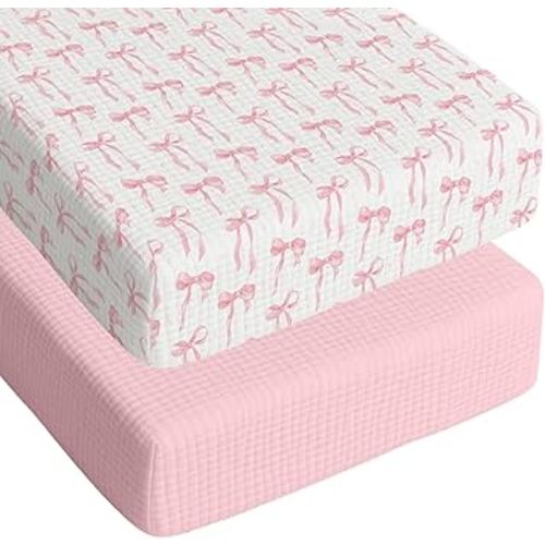 Breling 2 Pcs Muslin Pink Bow Crib Sheets for Girl Soft and Breathable 100% Cotton Crib Baby Bed Sheets Fitted Coquette Bow Mattress Cover for 52''x 28'' Standard Mattress Size