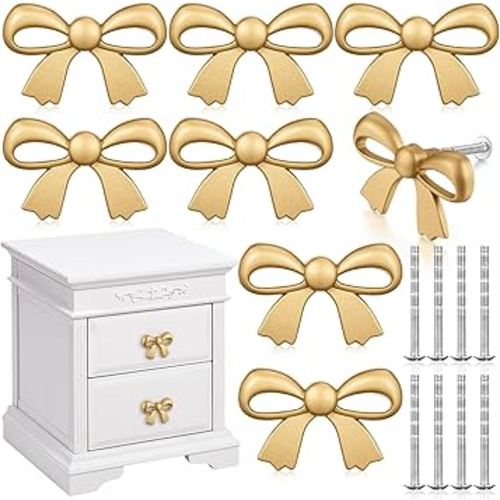 8 Pcs Gold Bow Drawer Knobs Matel Bow Knobs for Dresser Vintage Dresser Handles Pulls Decorative Drawer Handles for Home Bedroom Kitchen Cabinets Hardware Cupboard (2.8 x 1.7 Inch)