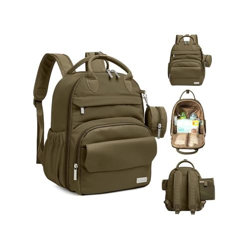 Diaper Bag Backpack - Multifunctional Travel Diaper Back Packs,Maternity Baby Changing Bags, Compact 12L Capacity, PU Leather, Waterproof, Unisex, Stylish Nappy Bag, Diaper Changing Pad (Dark Olive)