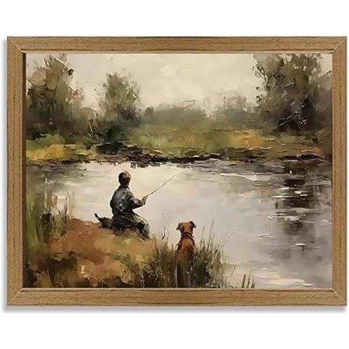 Vintage Fishing Wall Art Rustic Boy Dog Landscape Canvas Print Farmhouse Country Nursery Decor for Boys Bedroom Living Room 8x10inch Framed