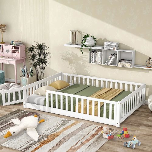 Twin Floor Bed Frame for Toddler, Montessori Floor Bed with Fence and Wood Slats, Low Wood Platform Beds for Girls Boys Kids Happy Time, White