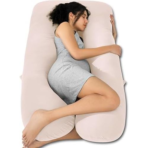 QUEEN ROSE Pregnancy Pillows, Cooling Cotton U Shaped Body Pillow for Sleeping, Maternity Pillow for Pregnant Women, Beige