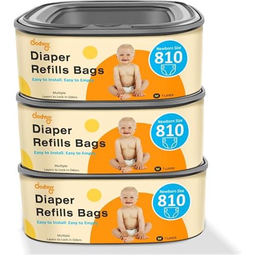 Jumbo Square Refill Compatible with Diaper Genie Classic/Compact/Select Pails,Odor Control & Durable,Holds Up to 810 Newborn Diapers,Unscented Disposal Bag Refills with Continuous Film（3 pack）