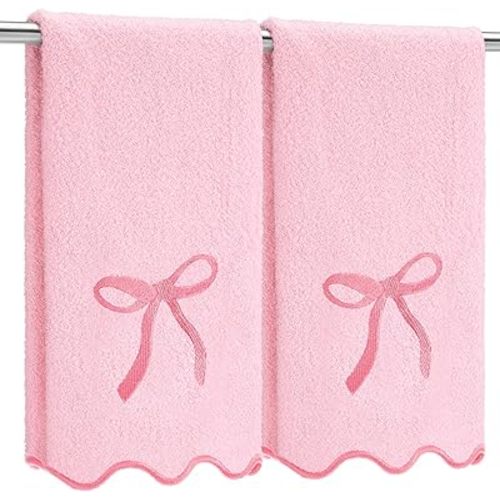 2 Pcs Scalloped Hand Towels for Bathroom 26 X13 Embroidery Coquette Bow Hand Towels 100% Cotton Soft Absorbent Boho Bath Decor for Kitchen Bathroom