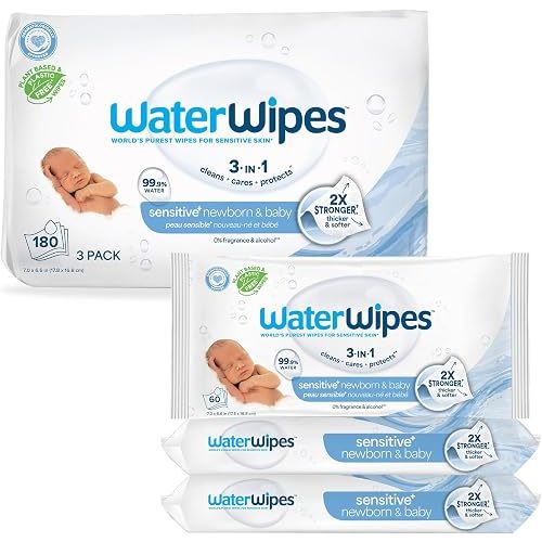 WaterWipes Sensitive+ Newborn & Baby Wipes, 3-In-1 Cleans, Cares, Protects, 99.9% Water, Unscented & Hypoallergenic, 180 Count (3 Packs)