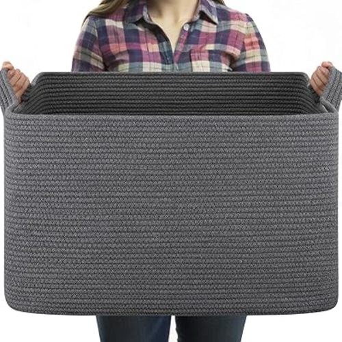 OIASKET 95L Large Blanket Basket, Blanket Storage Living Room, Rectangle Woven Baskets for Storage Toys, Towels, Dirty Clothes Organizer Bins (Dark Grey)