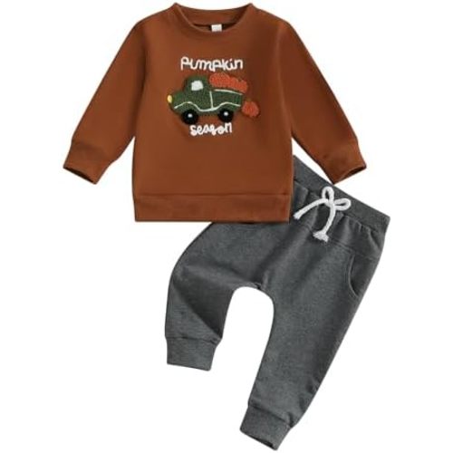 Toddler Baby Boy Halloween Outfit Pumpkin Tractor/Truck/Excavator Embroidery Crewneck Sweatshirt and Jogger Pants Set