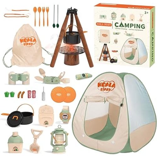 Kids Camping Set – an Indoor/Outdoor Pretend Play Adventure kit Featuring a Tent, Oil lamp, Stove, and More. Perfect for Ages 3+