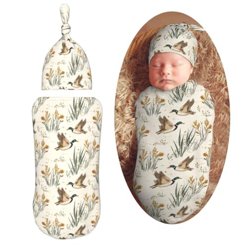 Vintage Mallard Ducks Flying Newborn Swaddle Blankets Hat Sets Soft Baby Receiving Blanket Swaddle Sack for Baby Shower Infant Boy Girl Gift