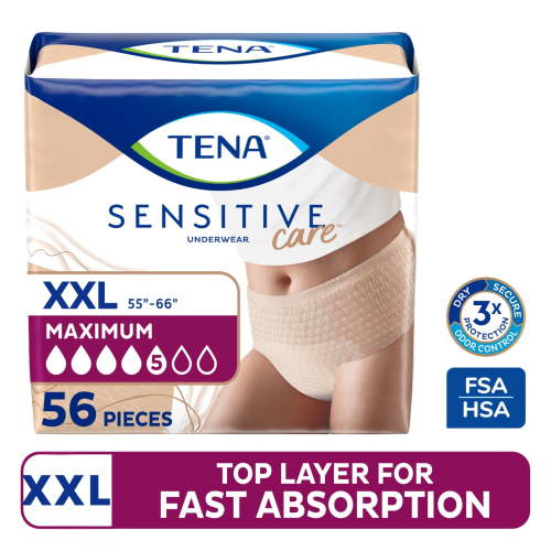 TENA Sensitive Care Adult Incontinence Underwear for Women, Maximum, XXLarge, Beige, 56 count (New Sizing)