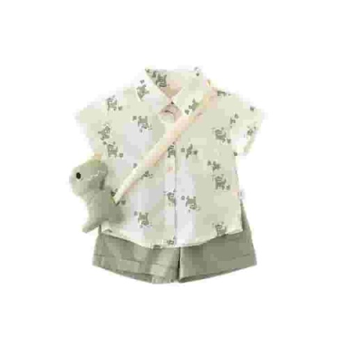 SUYOLL Infant Boys Summer Outfits Sets Cartoon Dinosaur Printed Short Sleeved Breathable Shirt Work Pants Two Piece Set with Adjustable Straps Doll Accessory Trendy Clothes