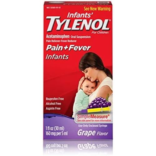 Tylenol Infants Pain and Fever Reliever, Oral Suspension, Grape Flavor, 1 Ounce (Pack of 1)