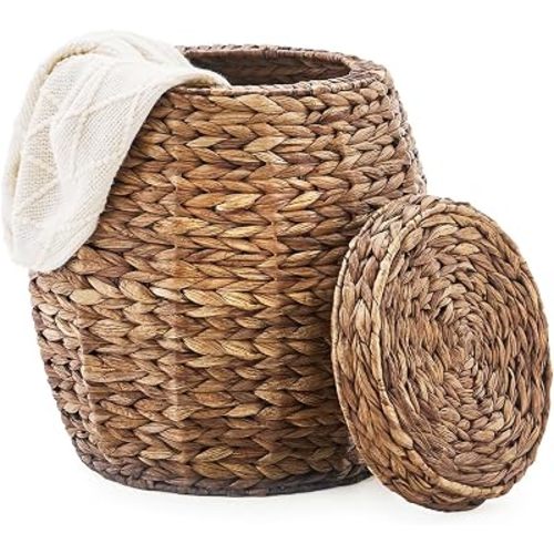 Handwoven Round Water Hyacinth Blankets Basket with Lid