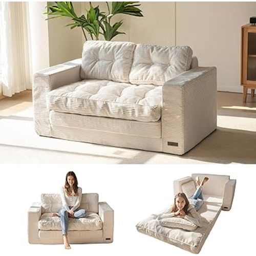 MAXYOYO Convertible Sofa Bed, Pull Out Loveseat Sleeper Sofa, 2 in 1 Folding Couch Bed, Fold Out Floor Couch with Pillows for Living Room Bedroom Lounge, Beige