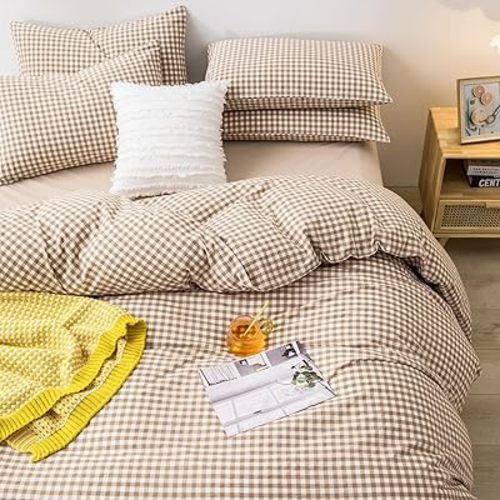 mixinni Tan Gingham Comforter Set King, Plaid Comforter Set 3 Pieces 1 Beige Grid Comfoter with 2 Pillow Cases for All Seasons, Soft Fluffy Modern Grid Pattern Printed Bedding-King Size