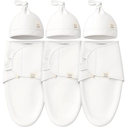KeaBabies 3-Pack Swaddles for Newborns, Girls, Boys with Hats - Organic Soft Baby Sleep Sacks, Breathable Baby Swaddle 3-6 Months Beanies Set, Premie Infant Sleep Sack 0-3 Months (Soft White)