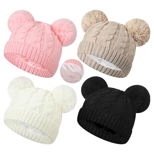 Halfchet 4 Pieces Baby Satin Lined Knit Beanies Newborn Winter Warm Caps Infant Knitted Hat with Pom Pom for Toddlers 0-6 Months Kids