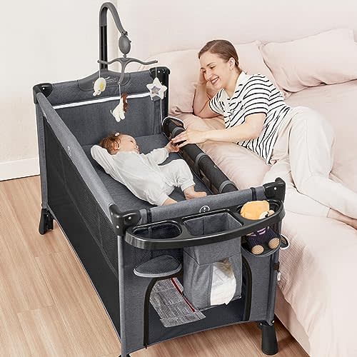 ANGELBLISS 5 in 1 Baby Bassinet, Bedside Crib & Playpen, Pack and Play Bassinet with Diaper Changer and Removable Rocker, Easy Folding Portable Crib with Mobile, Sheet & Mattress (Grey)