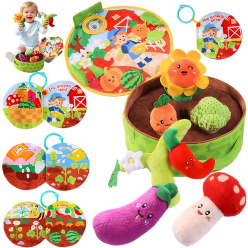 Baby Toys 6-12 Months, Baby Montessori Vegetable Garden Plush Toy Set Gift | Sensory Play, Soft Plush Figures, Includes Cloth Book, Pull & Harvest Play, Infant Learning Toy, Christmas Stocking Stuffers