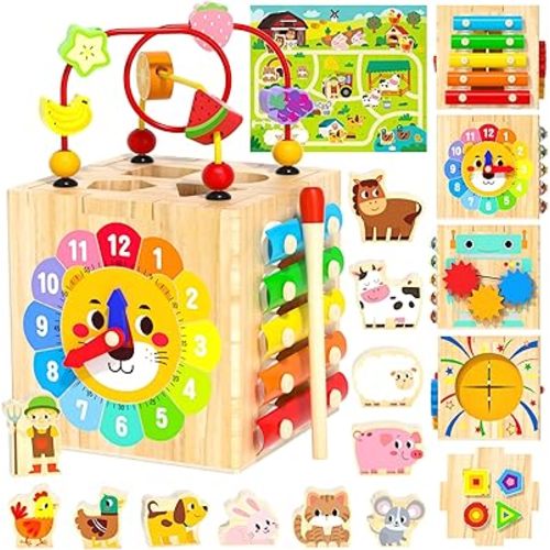 ATOYUS Wooden Activity Cube, 7-in-1 Montessori Toys for 12+ Months Toddlers