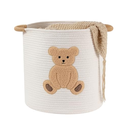 Large Blanket Baskets for Living Room Decor, Toy Storage Baskets Woven Cotton Rope Teddy Storage Basket for Kids, Dog Toys Organizer Clothes Hamper with Embroidery Decor for Nursery (Large, Bear)