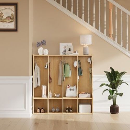 4-Section Classroom Coat Locker with 4 Cubbies, Daycare Cubby Storage Organizer with 8 Hooks for Home, School, Nursery, Kindergarten, Natural