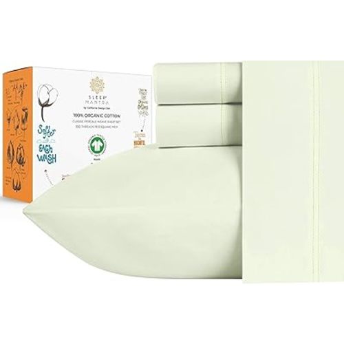 Sleep Mantra Premium 100% Organic Cotton Queen Bed Sheet Set - Soft & Cooling Percale Weave - 4 Piece Bedding Set with Deep Pocket - GOTS Certified - Breathable & Eco-Friendly (Queen, Pistacho Green)