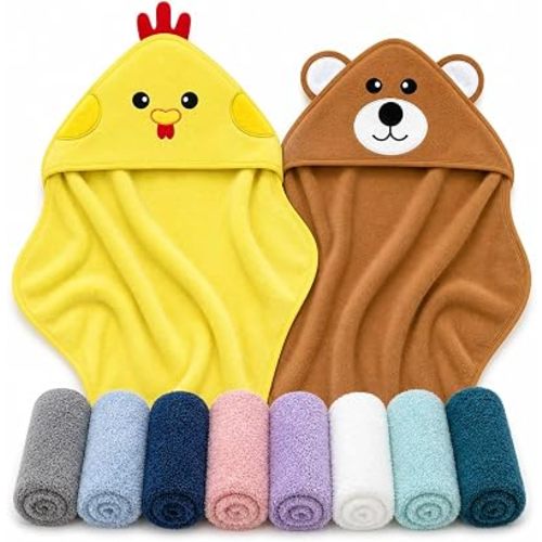 Cute Castle 2 Pack Hooded Baby Towel Rayon Made from Bamboo with 8 Washcloths - Soft Bath Towel for Bathtub for Babie, Newborn, Infant, Natural Baby Stuff Towel (Bear and Chicken)