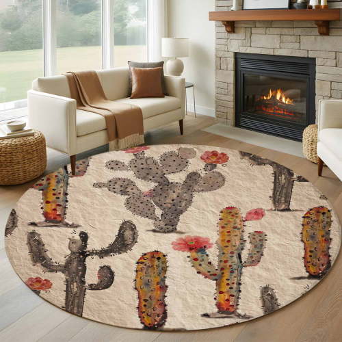 Vintage Cactus Round Area Rug 7 FT,Non Slip Living Room Area Carpet,Farmhouse Retro Brown Summer Botanical Washable Soft Circular Rug Non-Shedding Floor Carpet for Bedside Office Play Room Classroom