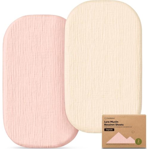 2pk Muslin Baby Bassinet Sheets Girls Boys 33x20 (Cameo, Oval Capsule) | 100% Cotton Organic Bassinet Sheets, Compatible with Maxi Cosi Iora Bassinet Mattress, Machine Washable Bassinet Fitted Sheet