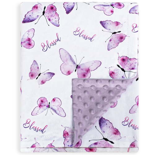 Double Layer Minky Baby Blanket for Girls with Dotted Backing & Purple Butterfly Design, 30x40 inch