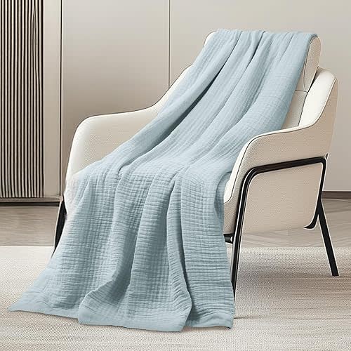 Cotton Muslin Throw Blanket, Breathable and Lightweight Jacquard Muslin Blankets, Ultra Soft Gauze Blanket for Adults, All Season Throw Blankets for Couch Bed Sofa, Blue, 50x60 Inches