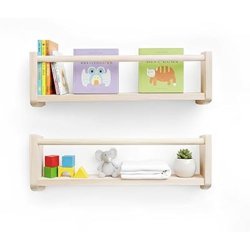 rahima Nursery Bookshelf,16" Wooden Wall Bookshelf for Kids with Grip Holder,Handcrafted Shelves for Kids Room with Support Rod for Books and Toys,Floating Nursery Book Shelves