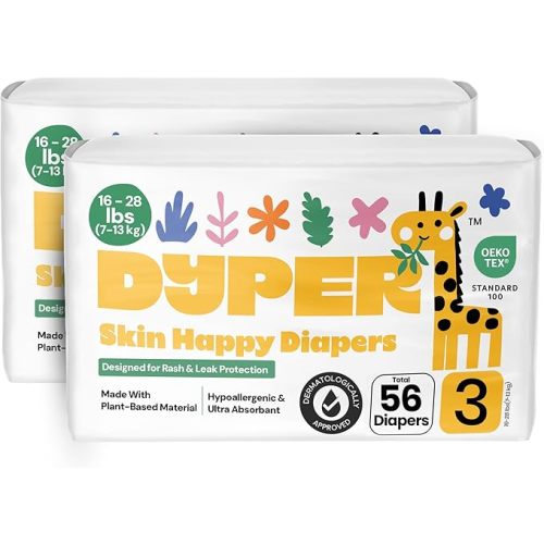 DYPER - Pack of 2 Baby Diapers Size 3 (56 Count) - Leak Proof, Plant Based, Hypoallergenic & Ultra Absorbent Disposable Diaper for Day & Overnight, Skin-Friendly Comfort Size 3 Diapers (16-28 lbs)