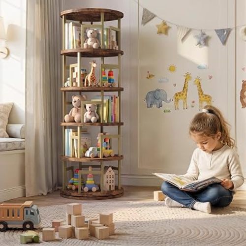 CABIHOME Spinning Corner Bookshelf Tower 5‑Tier Rotating Shelf, Brown