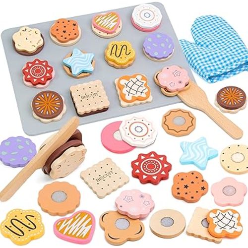 Wooden Cookie Baking Playset - 28PCS Pretend Play Food with Cutting & Slicing, Toddler Learning Toys for Kids Ages 3+ | Educational Kitchen Accessories Birthday for Boys Girls