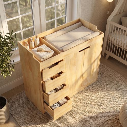 47.2" Solid Wood Baby Changing Table Dresser, New Zealand Pine Nursery Storage Cabinet with 4 Drawers