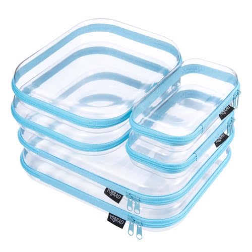 YQBRAO 6 Pack Sky Blue Clear Hard Shell Zipper Case, 1.2mm Heavy Duty Multi-Size Organizer Pouches for Home & Travel, Crush-Proof Storage Bags for Essentials, Toys & Toiletries (2L, 2M, 2S)