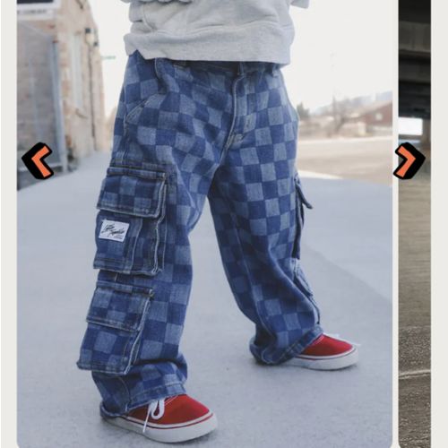 Little Trouble Checkered Baggy Jeans Blue