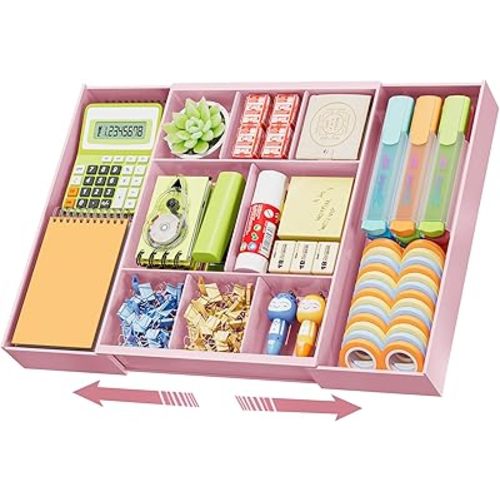 Marbrasse Expandable Desk Drawer Organizer, Clear Plastic Drawer Organizer Tray with 10 Adjustable Compartments, Desk Organizers and Accessories, 5 Drawer Dividers for Office Supplies, Makeup (Pink)
