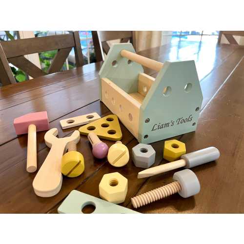 Personalized Wooden Tool Box Set for Kids Custom Name Engraving Pretend Play Educational Toy for Toddlers Handcraft Activity Birthday Gift