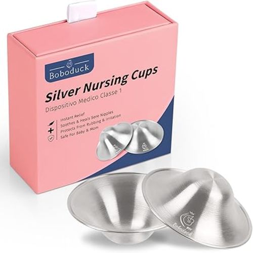 Boboduck The Original Silver Nursing Cups - Nipple Shields for Nursing Newborn, Newborn Breastfeeding Must Haves for Soothe and Protect Your Nursing Nipples - 925 Silver (Regular Size)