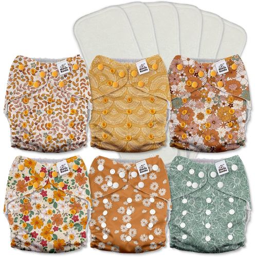 Mama Koala 3.0 Pocket Cloth Diapers for Babies with AWJ Lining, 6 Pack with 6 5-Layer Natural Cloth Diaper Inserts - Reusable and Washable Pocket Diapers(A-Little Daisies)
