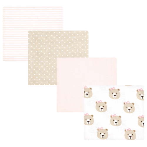 Hudson Baby Infant Girl Cotton Poly Flannel Receiving Blankets, Pink Taupe Bear, One Size
