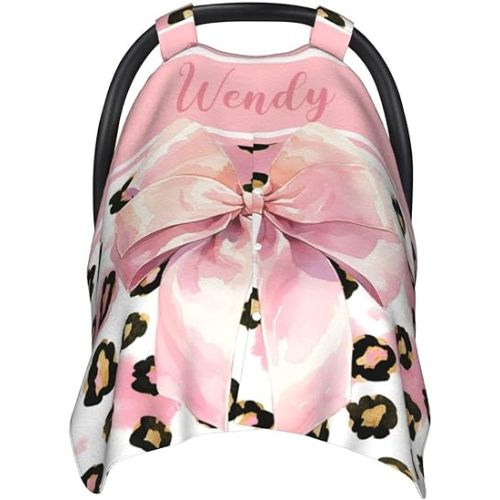 Personalized Baby Car Seat Canopy with Name, Leopard Infant Car Seat Cover, Nursing & Breastfeeding Stroller Cover, Newborn Shower Gift for Baby Girls