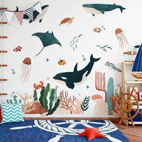 Large Ocean Wall Decals Jellyfish Whales Watercolor Peel and Stick Removable Under The Sea Marine Life Wall Sticker for Baby Nursery Boy Girls Room Bedroom Bathroom Playroom Decor 1 Roll 2 Sheets
