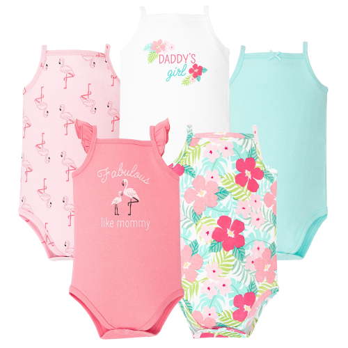 Hudson Baby Girl Cotton Sleeveless Bodysuits 5-Pack, Tropical Flamingo, Preemie