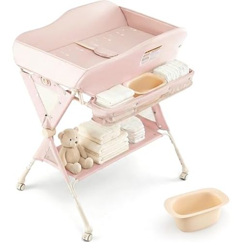 INFANS Baby Changing Table with Wheels, Portable Folding Diaper Station Nursery Organizer with Storage Basket, Hanging Rack, Adjustable Height, Safety Belt for Newborn Infant (Light Pink)