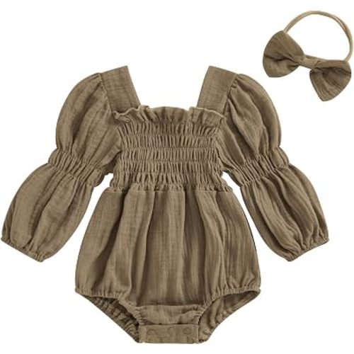 Kavousa Smocked Baby Girl Clothes Newborn Girl Bubble Romper Long Sleeve Jumpsuit And Headband Outfit Cute Infant Clothing