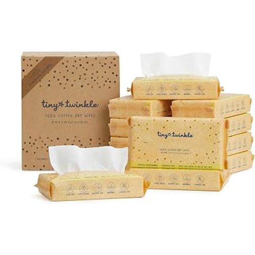 Tiny Twinkle 100% Cotton Dry Wipes for Baby | 576 Count | Use Wet or Dry | Scent Free (Fragrance-Free), Hypoallergenic & Chlorine-Free | Ultra Soft, Strong & Gentle for Sensitive Skin